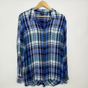 Talbots Button Front Tunic Shirt Size XL Blue Plaid‎ Longer Length Relaxed